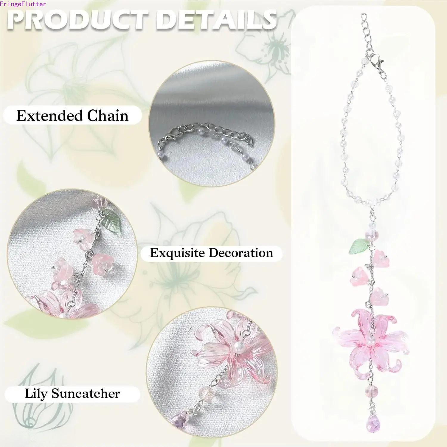 Handmade Lily of the Valley Crystal Suncatcher Car Hanging Boho Charm, Resin Beads Lotus Flower Rearview Mirror Ornament, Car Interior Accessories Unisex Gift for Drivers