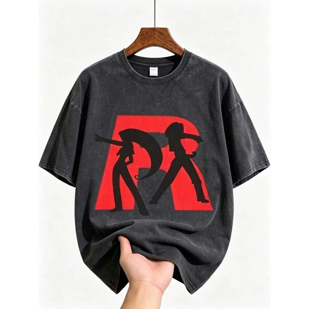 Anime Team Rocket Silhouette Graphic Unisex T‑Shirt, Vintage Washed Loose Fit Crew Neck Short Sleeve Tee, Retro Manga Fan Street Top, Perfect For Road Trips, Pair With Retro Polarized Sunglasses