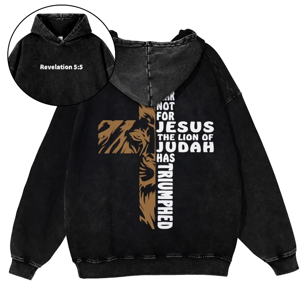 Vintage Acid Washed Christian Lion of Judah Hoodie Revelation 5 5 Fear Not Graphic Sweatshirt Oversized Cross Unisex Streetwear Pullover