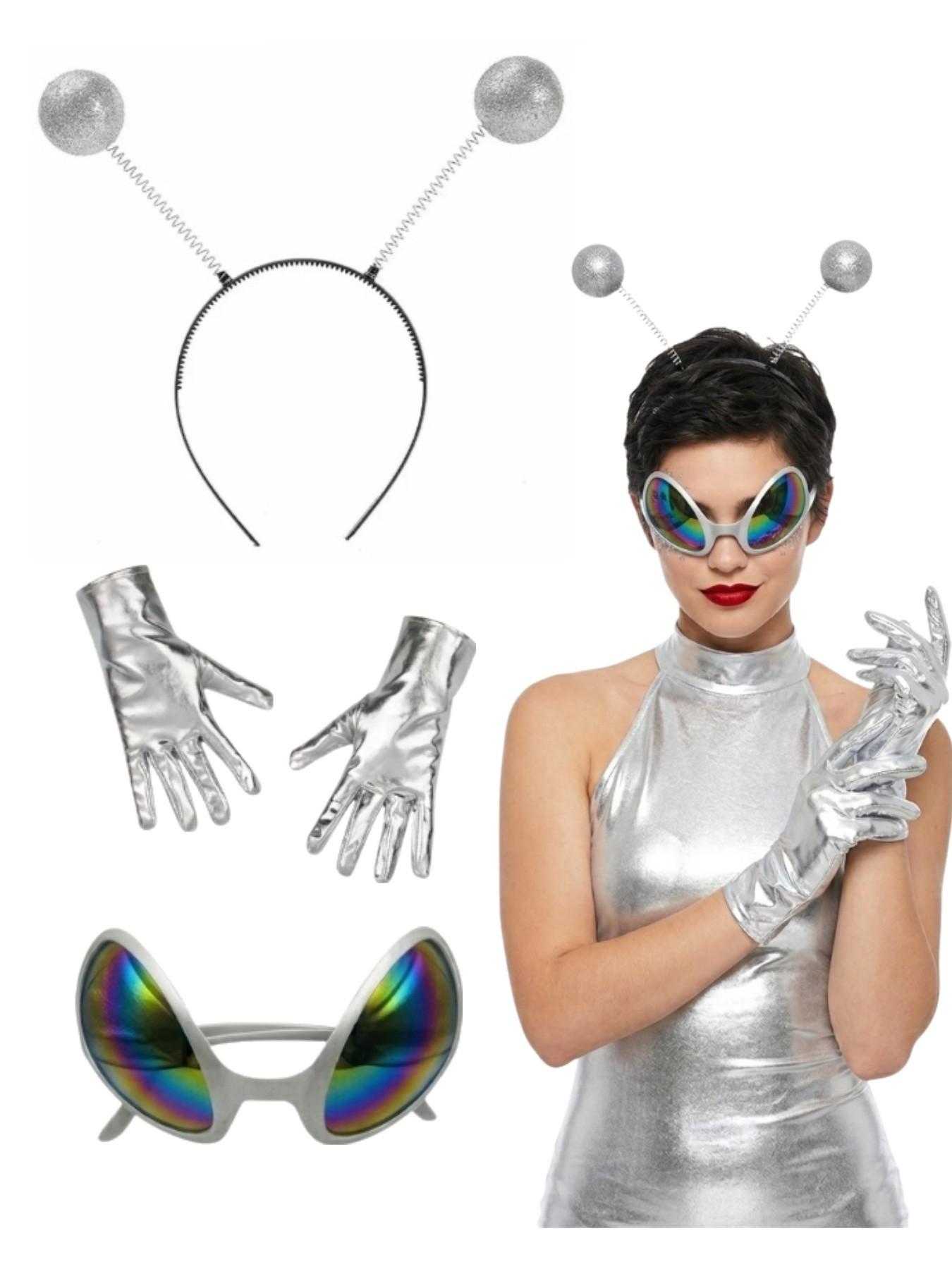 3-Piece Alien Costume Set for Holiday Parties, Includes Shiny Headpiece, Gloves, Weird Glasses, Perfect for Christmas Performances
