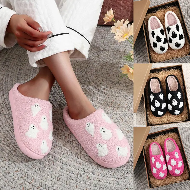 Women's Cute Cartoon Ghost Pattern Plush Slippers, Casual Soft Comfortable Home Slippers, House Slippers, Warm Slippers for Indoor & Outdoor