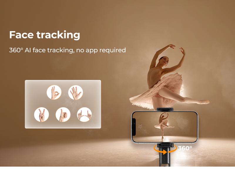 K&F CONCEPT Up to 71” Face Tracking Tripod Selfie Stick | 360° Rotation + Bluetooth Remote + Stand | 2 Fill Lights (Optional) | Black/White Textured (White Same as Black), for Travel/Live Streaming/Vloggers