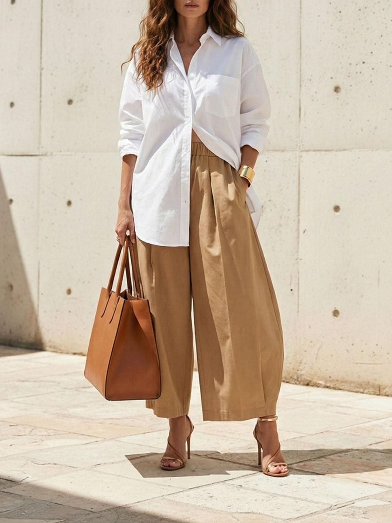 Women's Plus-Size Front‑Pleated Design Cropped Pants, Vertical Pleat Loose Fit Elastic Waist Culottes, Casual Daily Wear, Baggy