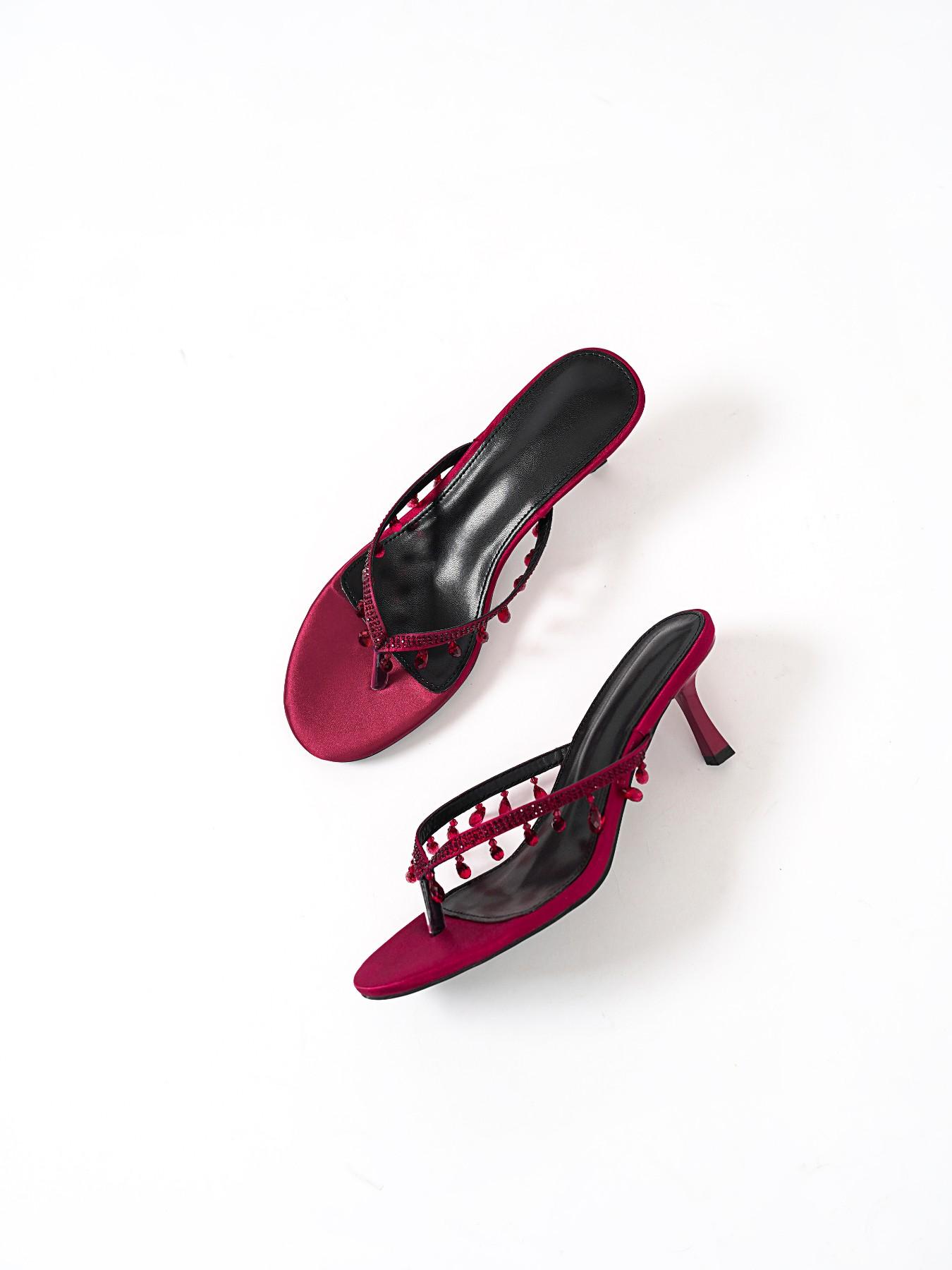 Burgundy Satin Thong High‑Heel Mules Women Water Drop Rhinestone Tassel Slip‑on Heeled Sandals Evening Party Dress Shoes
