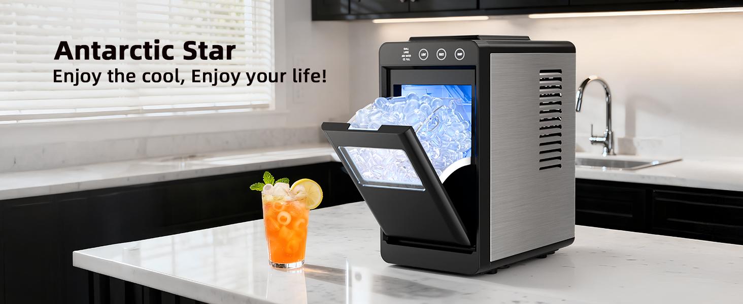 Antarctic Star Countertop Ice Maker with LED control, Selectable S/L Ice Size, 26.5 lbs/24Hrs, 8 Ice Cubes in 6 Mins, Auto-Cleaning, Portable with Ice Basket & Scoop for Home/Kitchen/Camping/RV