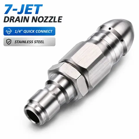 1/4 Inch Quick-Connect Sewer Jetting Nozzle, High Pressure Nozzles, Stainless Steel Drain Cleaning Tip with 1 Forward and 6 Rear Jets for Kitchen, Bathroom and Drain Pipes