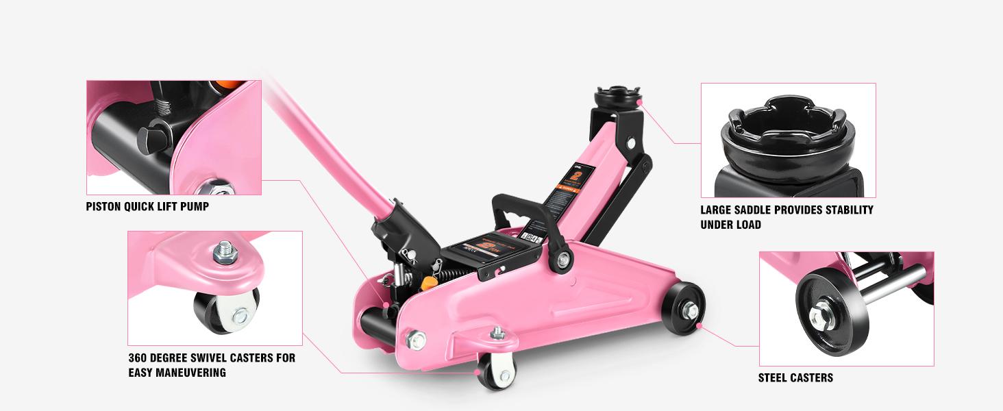 Low Profile Hydraulic Trolley Floor Jack with 2 T (4000lbs cap.) Capacity, 5.1-13 in Lifting Range, Safety Valve, Vehicle Lift Function, Pink snatch strap ropes hemp winch long, Automotive Maintenance Tools, Car Repair Tools, Portable Vehicle Lift