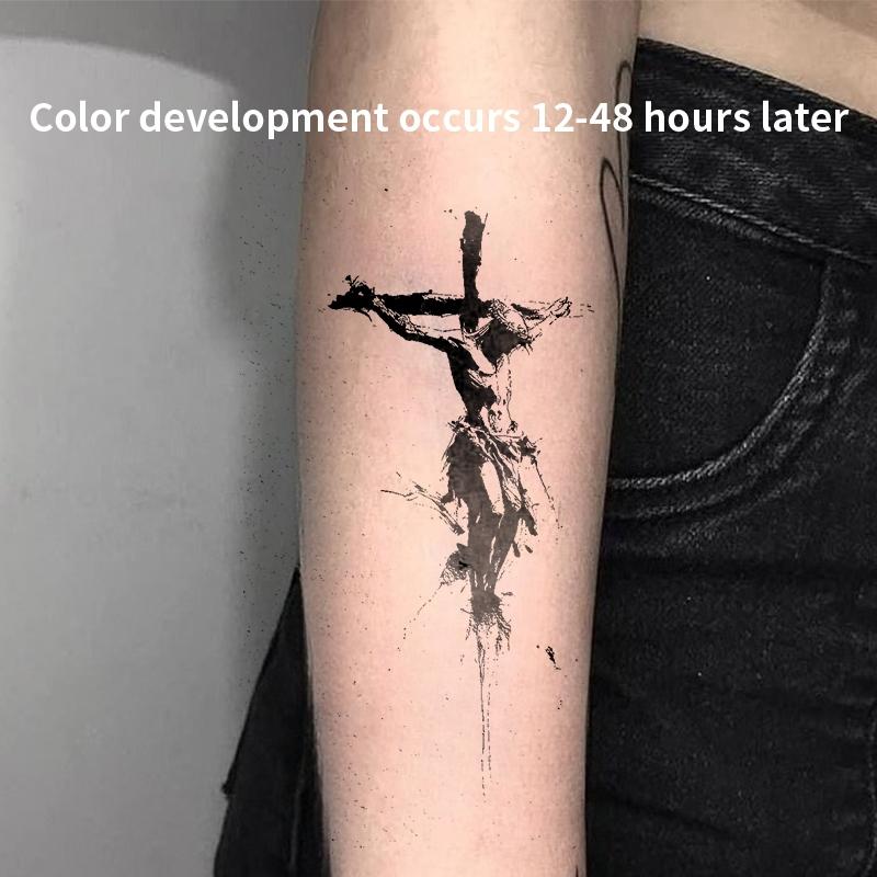 1pcs Jesus Cross Herbal Juice Tattoo Sticker Dark Retro Arm Temporary Tattoo Waterproof Durable Fake Tattoo Men and Women Halloween Party Gift Y2K
