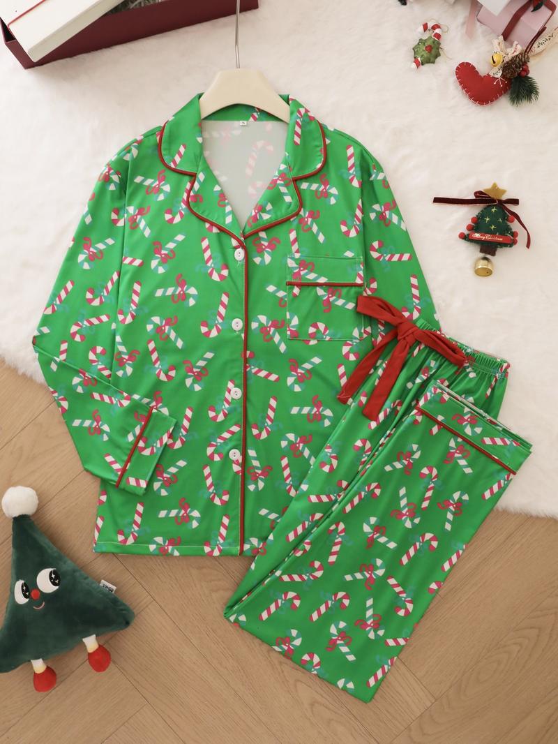 2-piece Pajama Set Butterfly Knot Candy Cane Halloween Soft and Comfortable Top Small Pocket Butterfly Knot Tightening with Elastic Pants Belt Suitable for Four Seasons Home Regular Wear Holiday Pajama Clothing