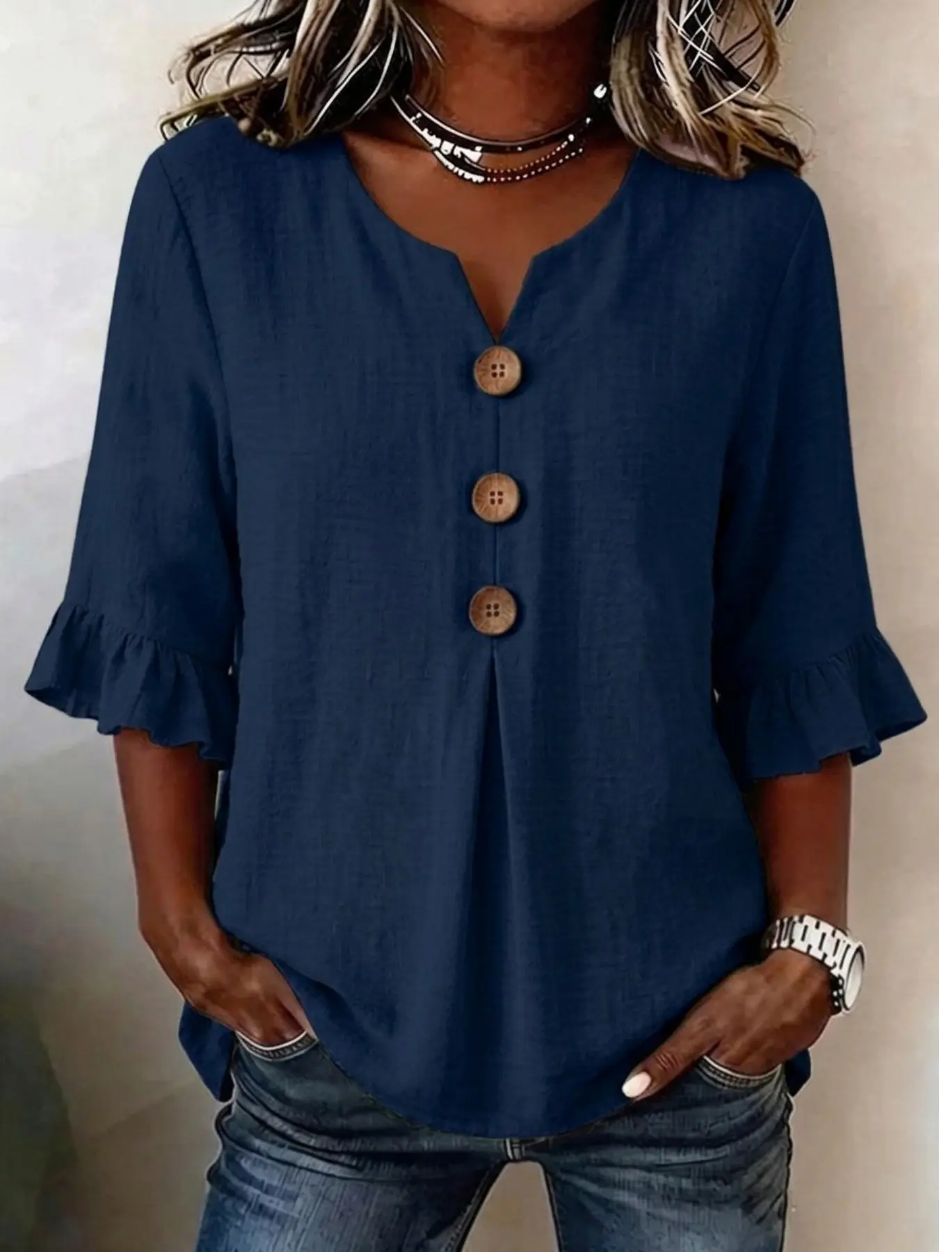 Summer French Style Notched-Neck T-Shirt Top, Three-Quarter Sleeve, Ruffle Sleeve & Fake Buttons Decor, Loose Fit, Casual Summer Wear, Ideal for Office & Daily Wear