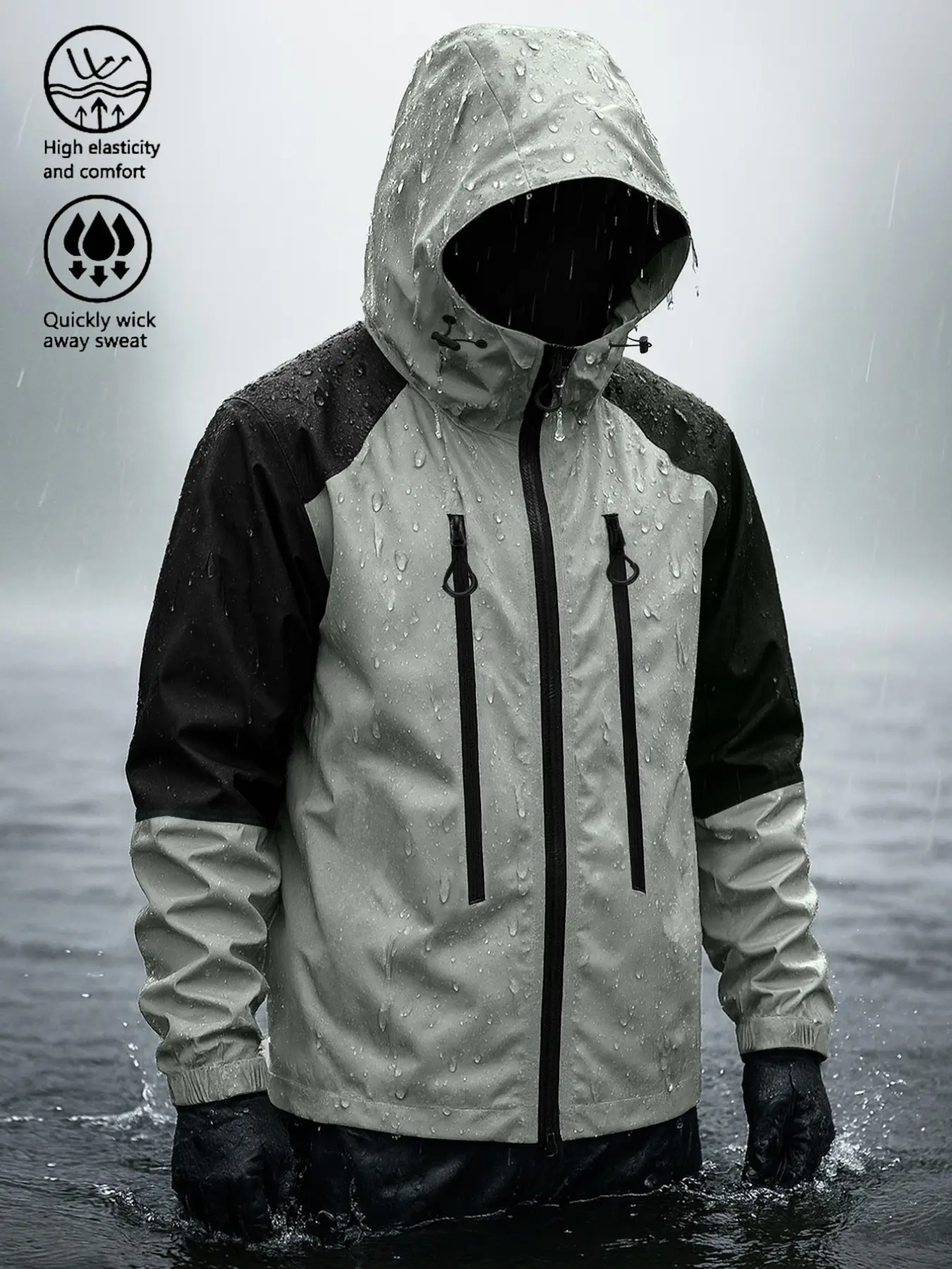Men's Colorblock Hooded Outdoor Jacket, Patchwork Design, Waterproof Fabric, Adjustable Drawstring Hood, Zip Pockets, All Seasons