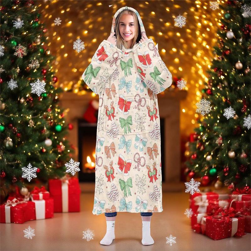 Christmas Bow Pattern Hooded Blanket, Cozy Hooded Blanket, Soft Flannel Throw for Sofa, Home Decor, Office Nap, Camping Travel Gift