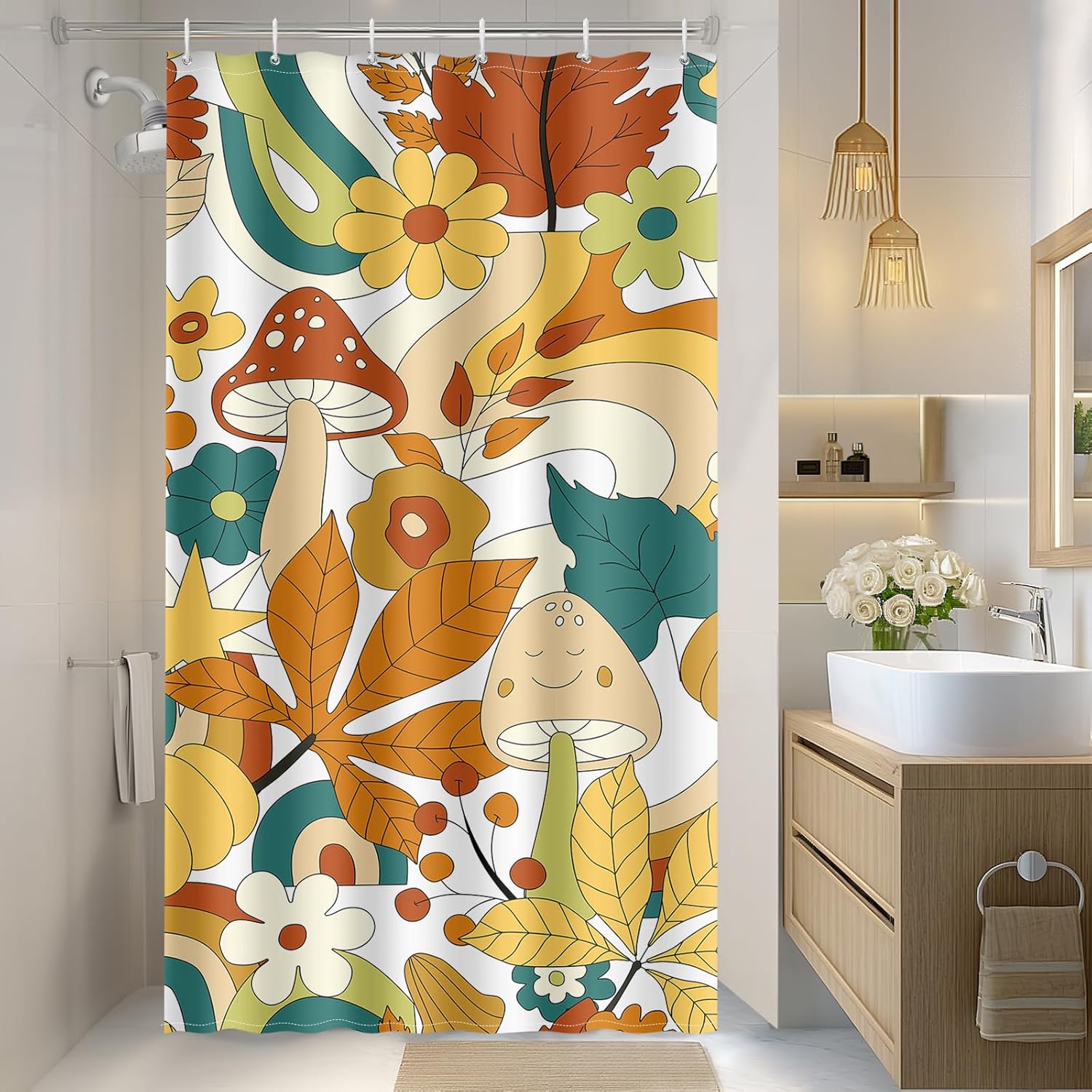 Vintage Dark Cottagecore Mushroom Shower Curtain - Retro Botanical Wildflower Print, Waterproof Fabric Curtain with 12 Hooks | Whimsical Gothic Bathroom Decor #showercurtain #mushroom #cottagecore #vintage #botanical #waterproofcurtain  #gothicdecor