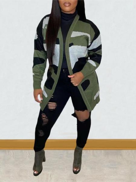 Women's Camo Print Open Front Cardigan, Casual Long Sleeve Drop Shoulder Knit Outerwear, Ladies Fall & Winter Clothes, Women Fall Outfit, Colorblock Stylish Fashion Midi Cardigan Sweater, Winter Sweater for Women, Autumn Knitwear for Women, Womenswear