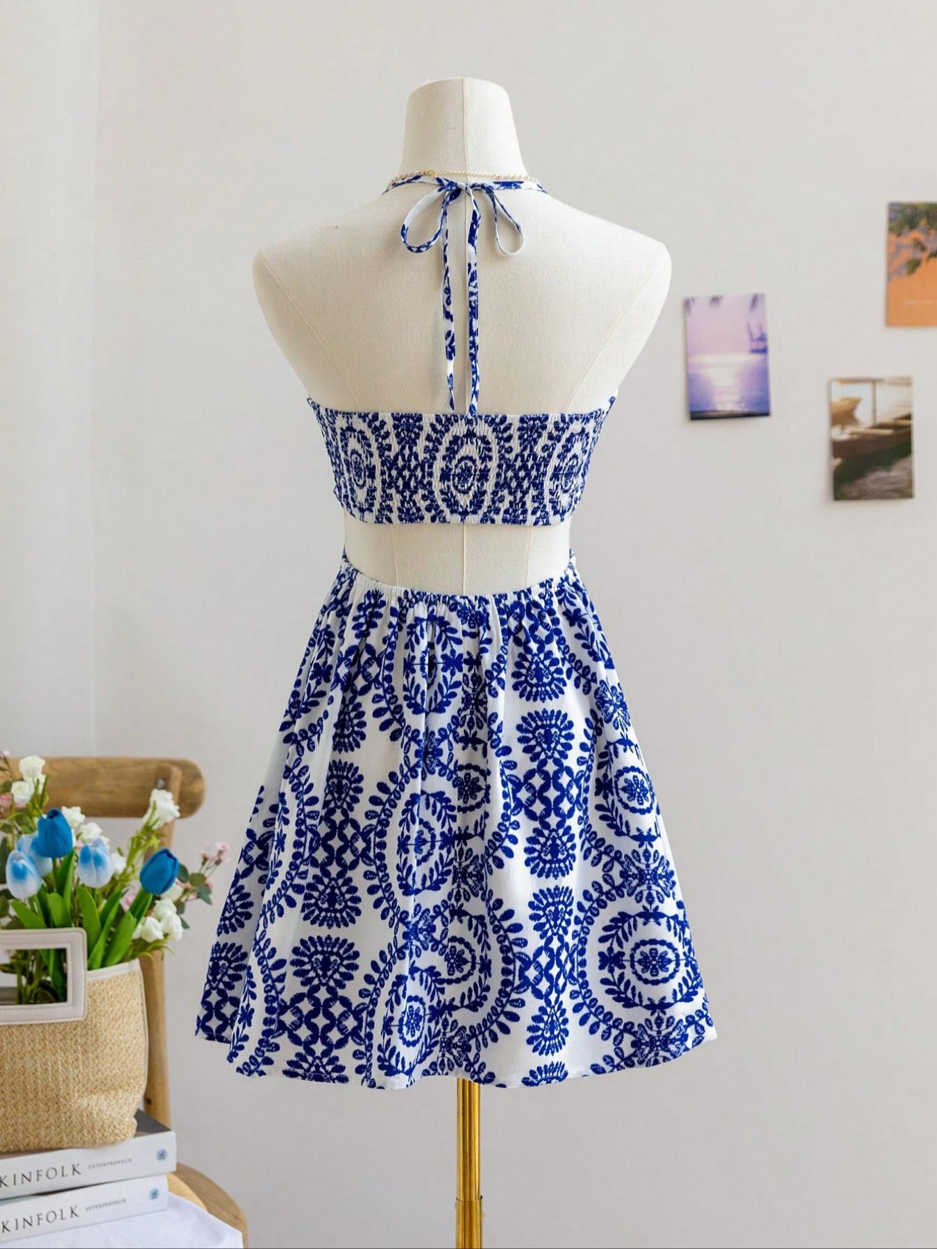 Women's Boho Vacation printed pattern Sexy Halter Drawstring Hollow Waist Dress, Suitable For Beach, Music Festival, Hippie, Party, Date, Afternoon Tea