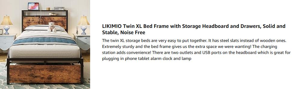 LIKIMIO Twin/Twin XL Bed Frames with Drawer, Storage Headboard with Outlets, No Box Spring Needed, Easy Assembly