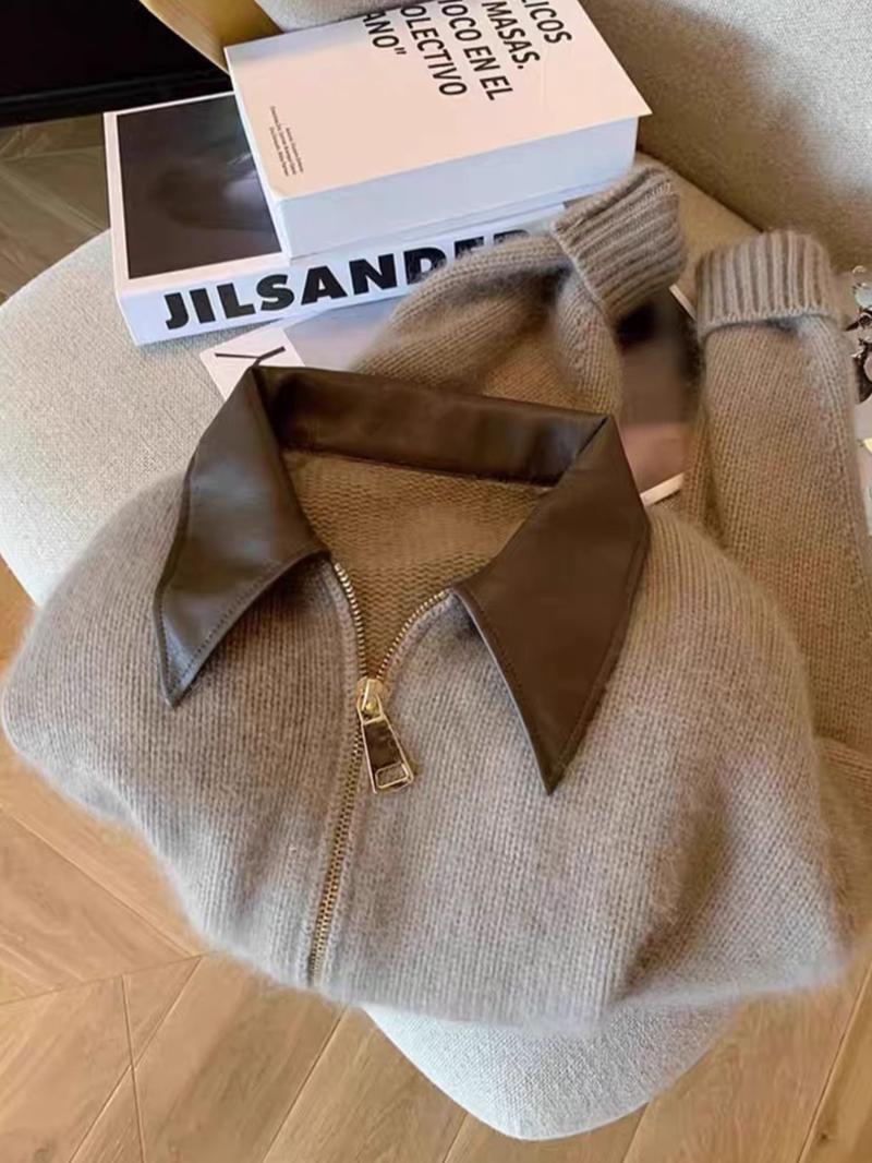 Fashion Casual Leather Collar Zipper Short Knit Cardigan Jacket, Long Sleeve Loose-Fitting Colorblock Design for Fall & Winter