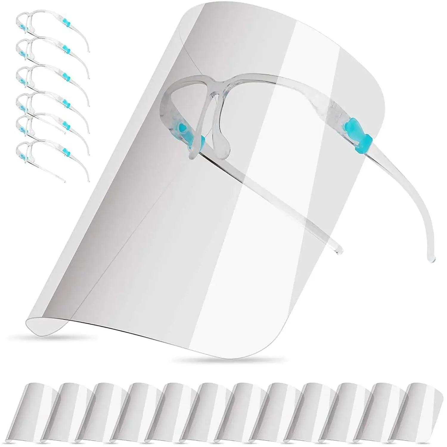 Camping Face Shields Set with 12 Replaceable Anti Fog Shields and 6 Reusable Glasses for Women and Man to Protect Eyes and Face