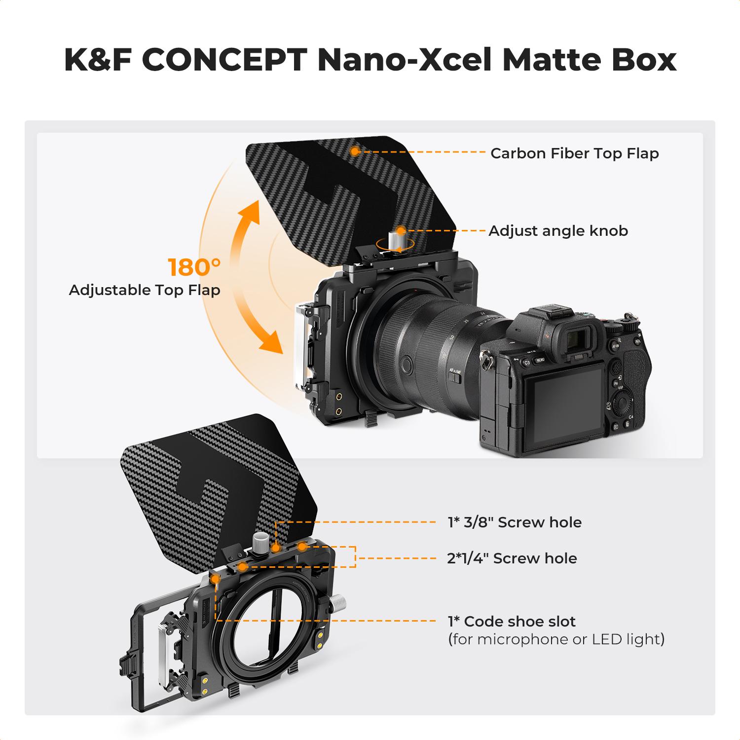 [K&F CONCEPT]Matte Box, DSLR Camera Matte Box with Carbon Fiber Top Flag, with 67/72/77/82/95mm Adapter Rings for 4x5.65 ND UV Filter/Circular Filter