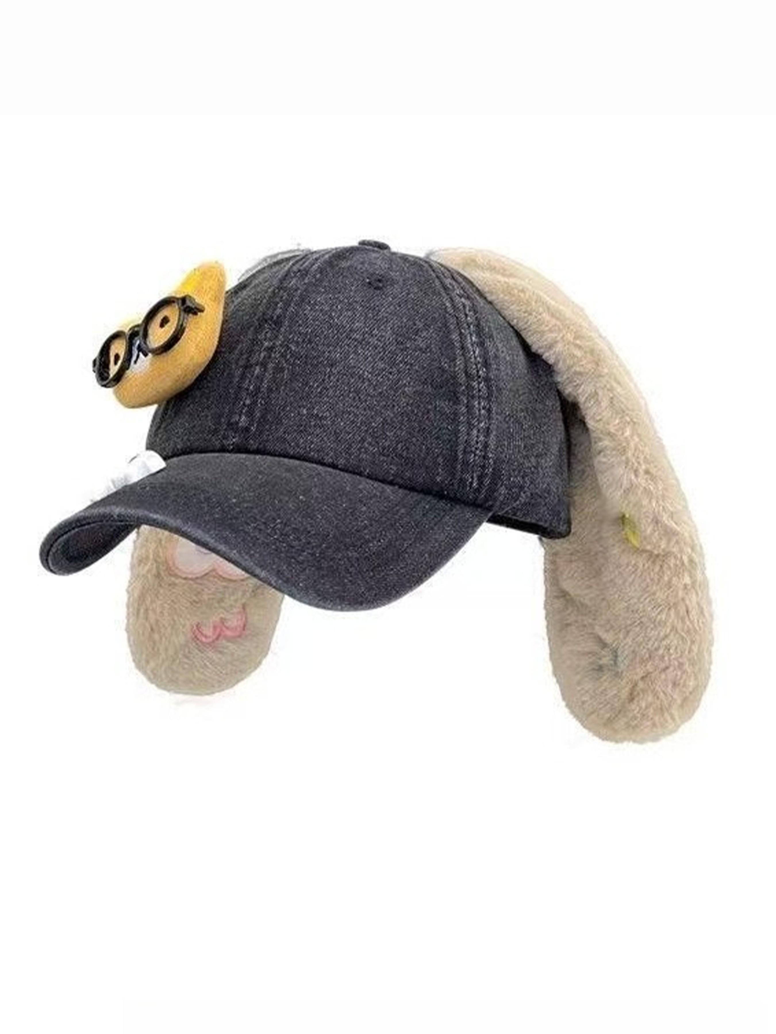 Cute Bunny Ear Baseball Cap, Plush Ears and Cartoon Animal Patch, Easter Rabbit Ear Hat, Casual Fitted Style, All Seasons