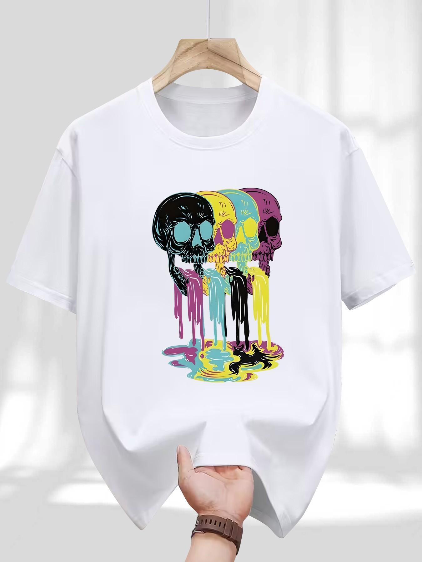 Men's Round Neck T-Shirt, Fashion Colorful Skull Geometric Print, Retro Religious Style, Casual Long Sleeve, Perfect for Daily Wear