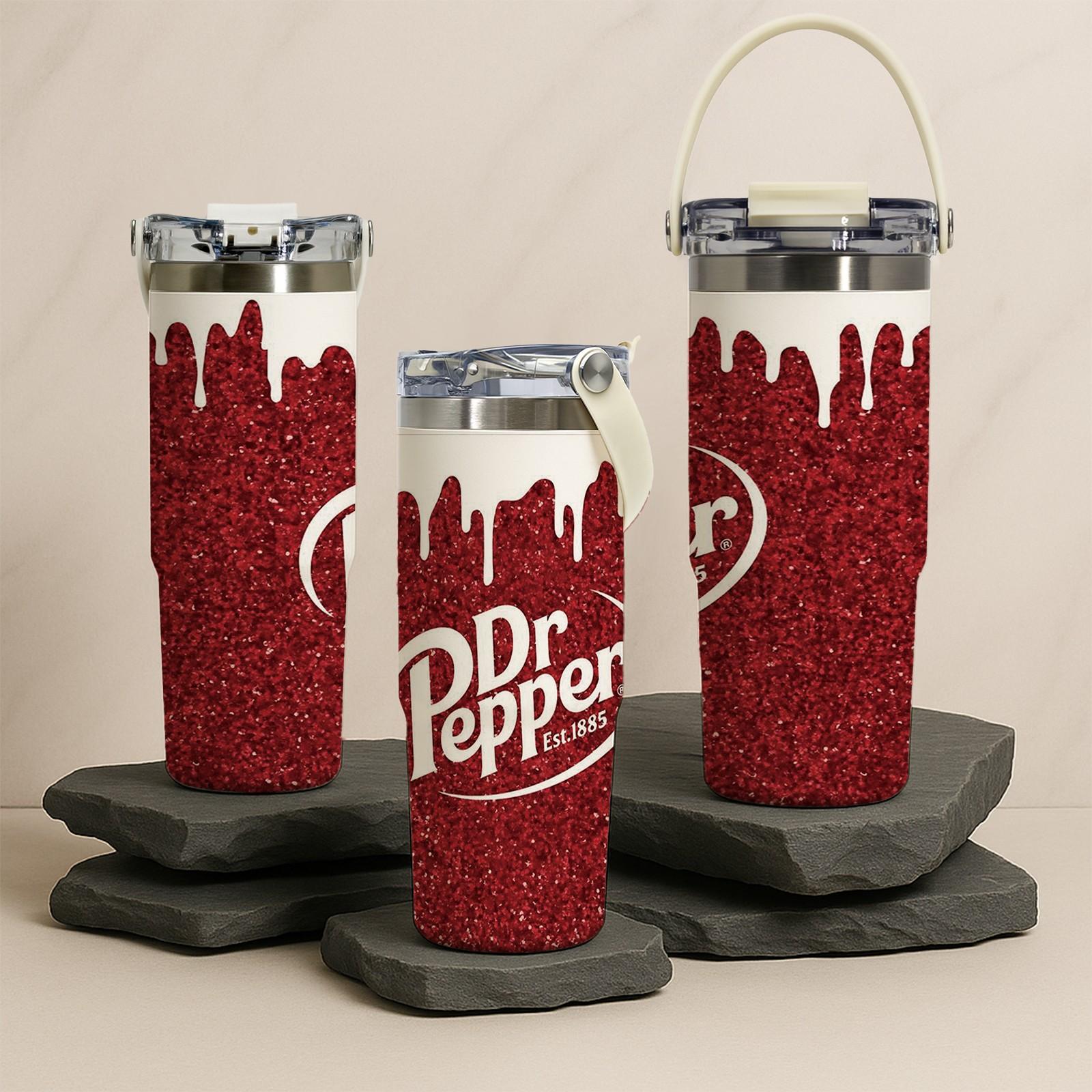 30oz Insulated Tumbler With Handle And Spout Lid, Dual Drinking Ways, Dr Pepper Soda Inspired Print, Retro Cola Style, Double Wall Stainless Steel Vacuum Insulated Flask, Keeps Hot 12 Hours Cold 24 Hours, Leak Proof Large Capacity Travel Mug