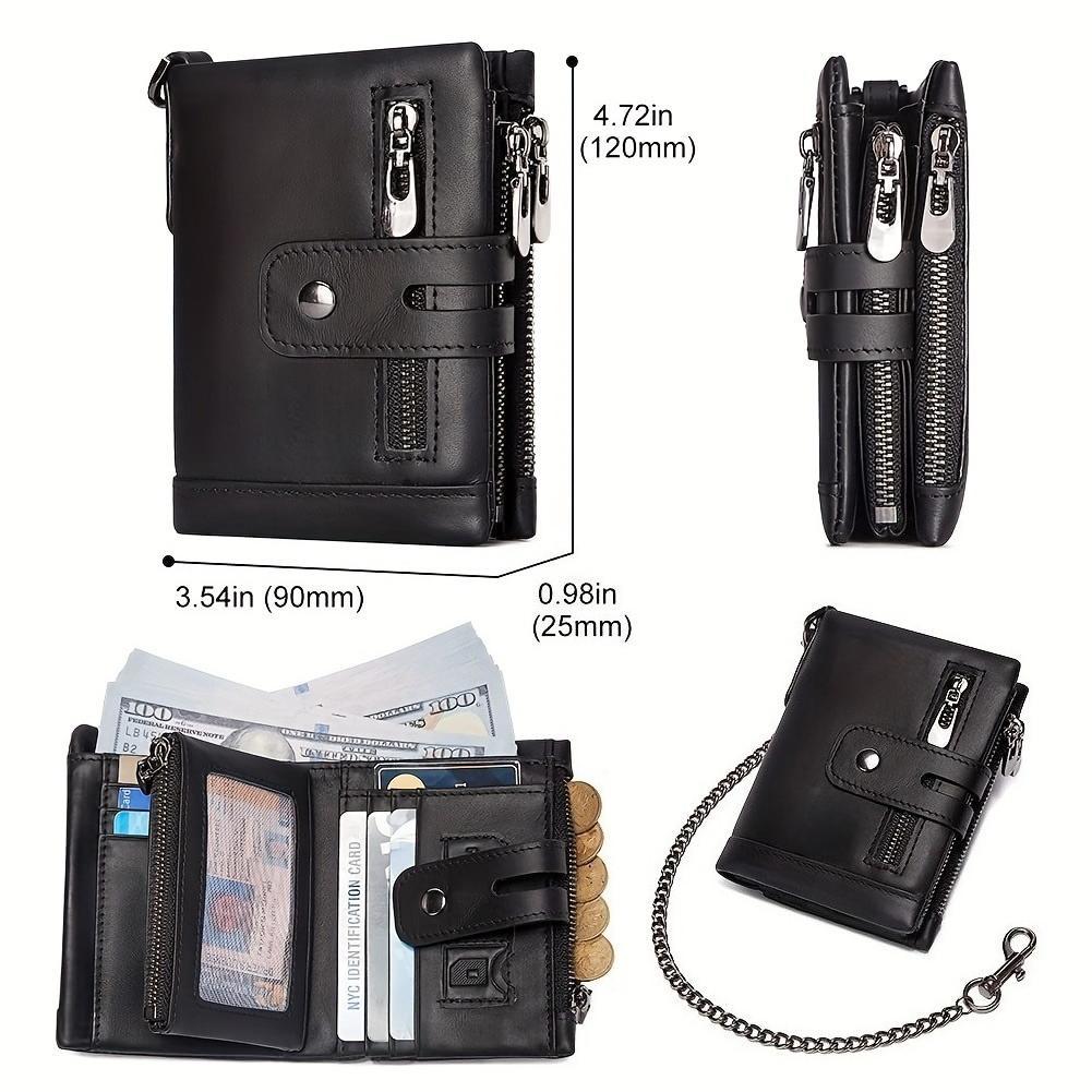 Genuine leather chain wallet for men, RFID-blocking short wallet, double zipper card holder, anti-theft coin pocket, ideal gift for men