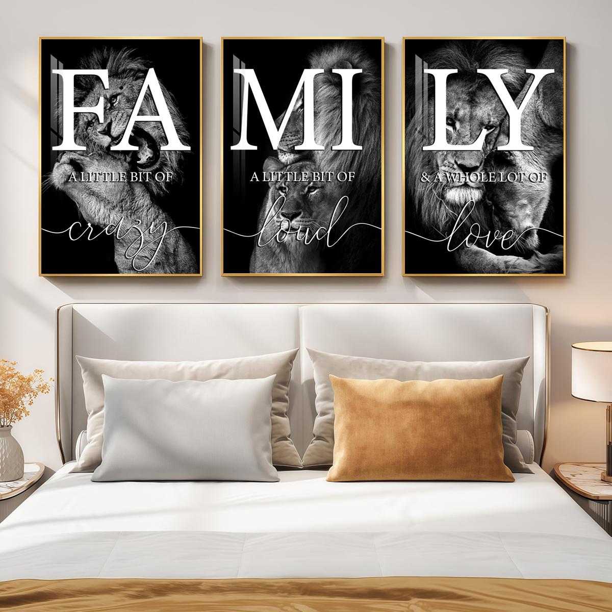 3 Counts Aluminum Alloy Framed Painting, Family Lion Wall Art Black And White Animal Poster, Home Decoration For Living Room, Bedroom, Office, Restaurant, Hallway Wall Decor, Odorless Print Artwork, Luxury Perfect Gift For Friends And Family