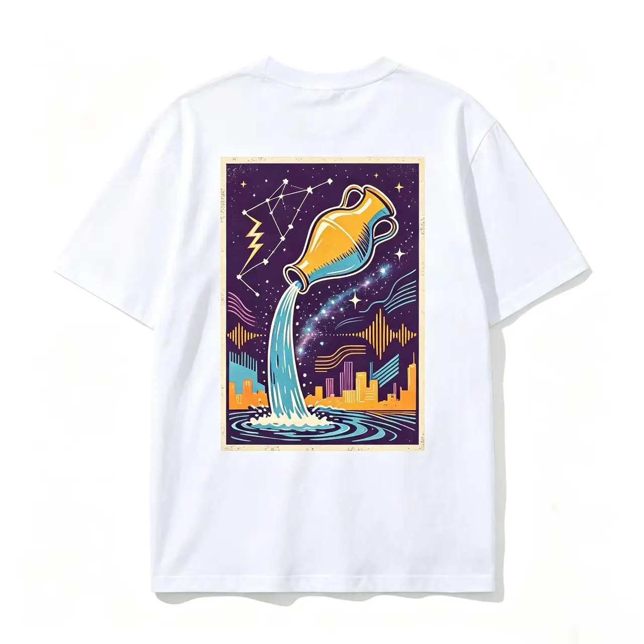 Vintage Aquarius Water Bearer Constellation Star City Galaxy Back Print Oversized Cotton T Shirt, Zodiac Horoscope Streetwear Tee, Ideal Birthday Holiday Gift For Aquarius Him Her Lover Present