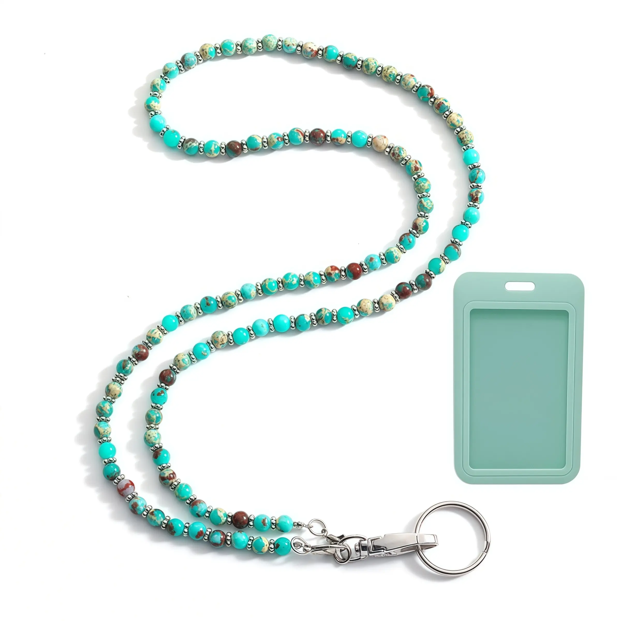 Natural Crystal Bead Lanyard with ID Card Clip, Bohemian Stone Necklace with Metal Key Ring, Light Transparent Badge Holder