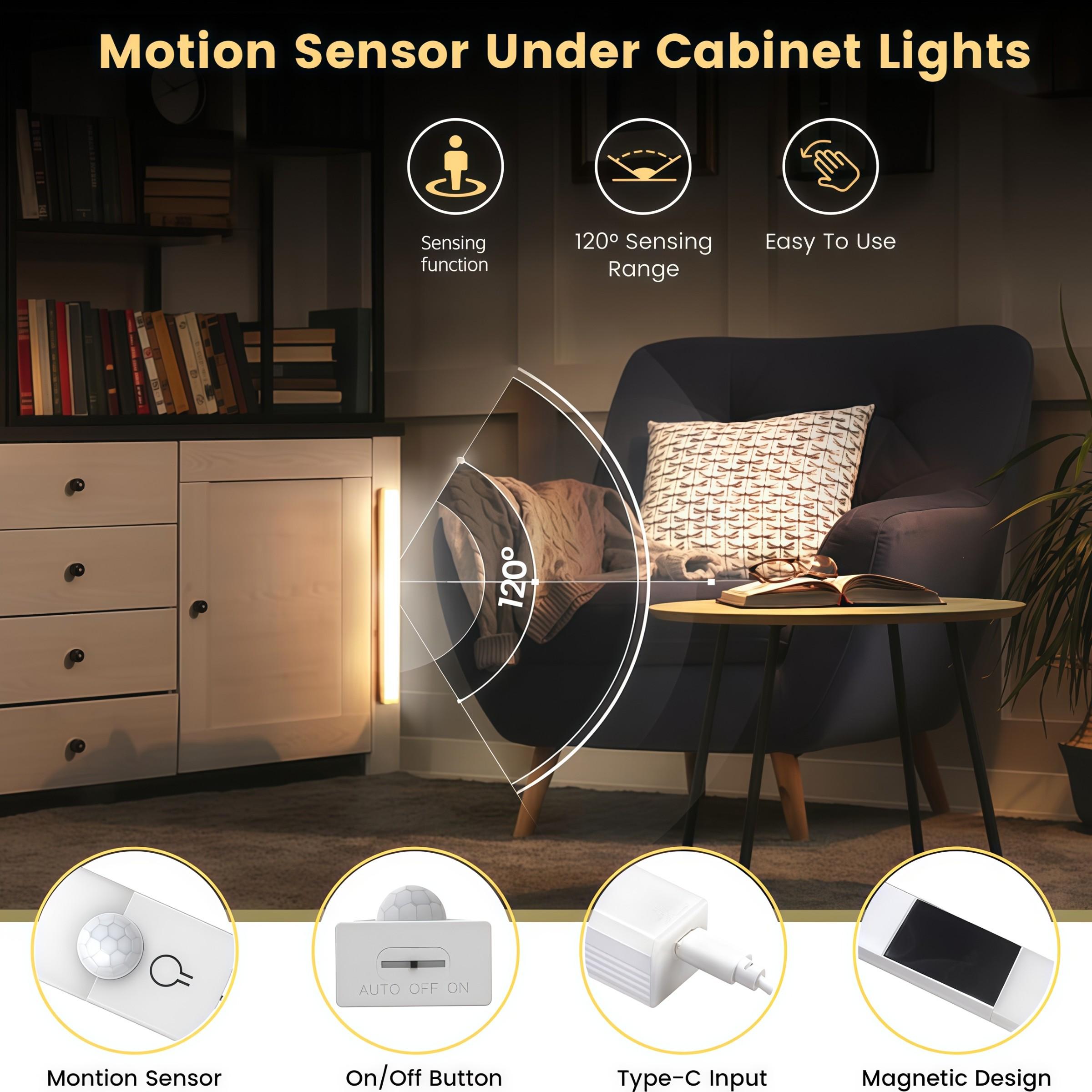 3-Pack LED Motion Sensor Lights – Dimmable Adjustable Lights Under Cabinet Lighting, Dimmable Wall Lamp, USB Rechargeable with 3 Color Modes (3000K/4500K/6000K), Night Light for Bedroom, Stairs, Kitchen, Piano & Dance Studio, Bedside Reading Lamp
