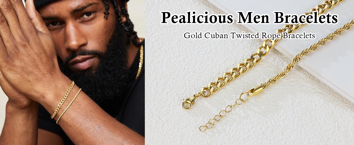PEALICIOUS Bracelets for Men Jewelry as 2 PCS Silver/Gold Bracelet for Men Chain, 7-10In Stainless Steel Bracelets for Men Fathers Days Gifts for Boys Pulseras Para Hombres Mens Accessories