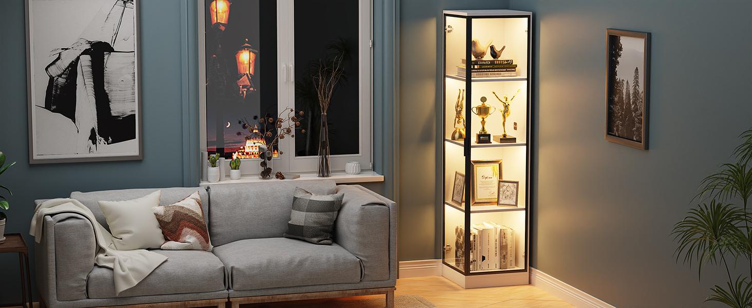 MIIFUNY Corner Display Cabinet with Doors, 4-Tier Corner Shelf&Bookcase for Collectibles, Toys, Books, Display Case with 3 Color Light, for Playroom, Bedroom, Study Room, White