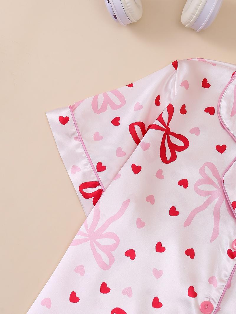 Valentine's Day Butterfly Heart Print Sleepwear Set, 2-Piece Women's Pajamas, Button Front Short Sleeve Top and Elastic Shorts