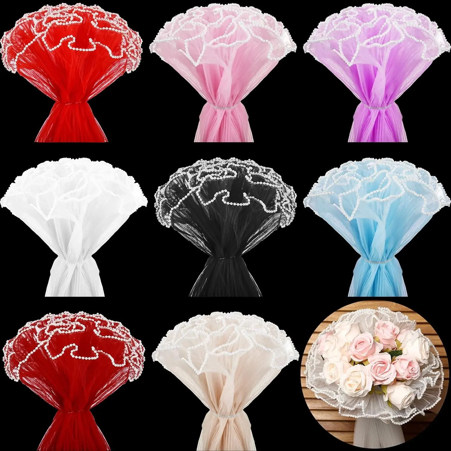 8 Pcs Flower Wrapping Mesh Paper, 11 Inch x 4 Yard Wavy Pearl Edge Wrinkled Flower Packaging Mesh, Florist Supplies for Teacher Mother's Day Gifts (Multicolor)