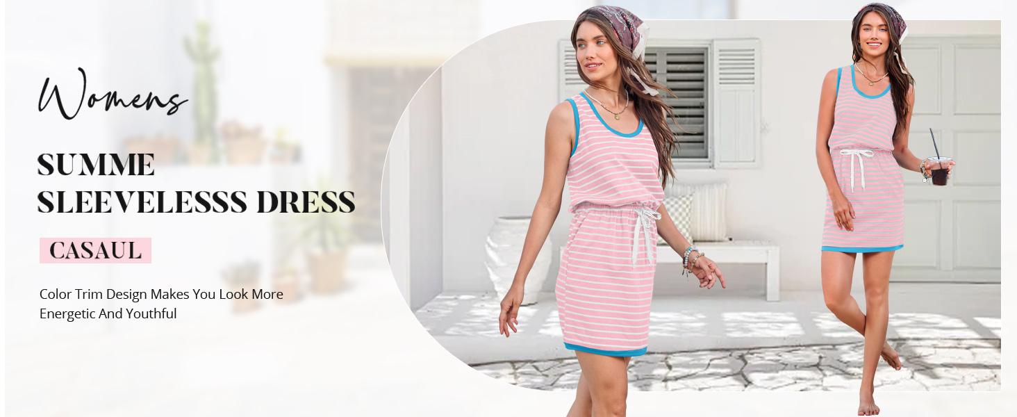 Imily Bela Womens Summer Sleeveless Striped Dress Drawstring Waist Casual Tank Mini Dresses with Pockets