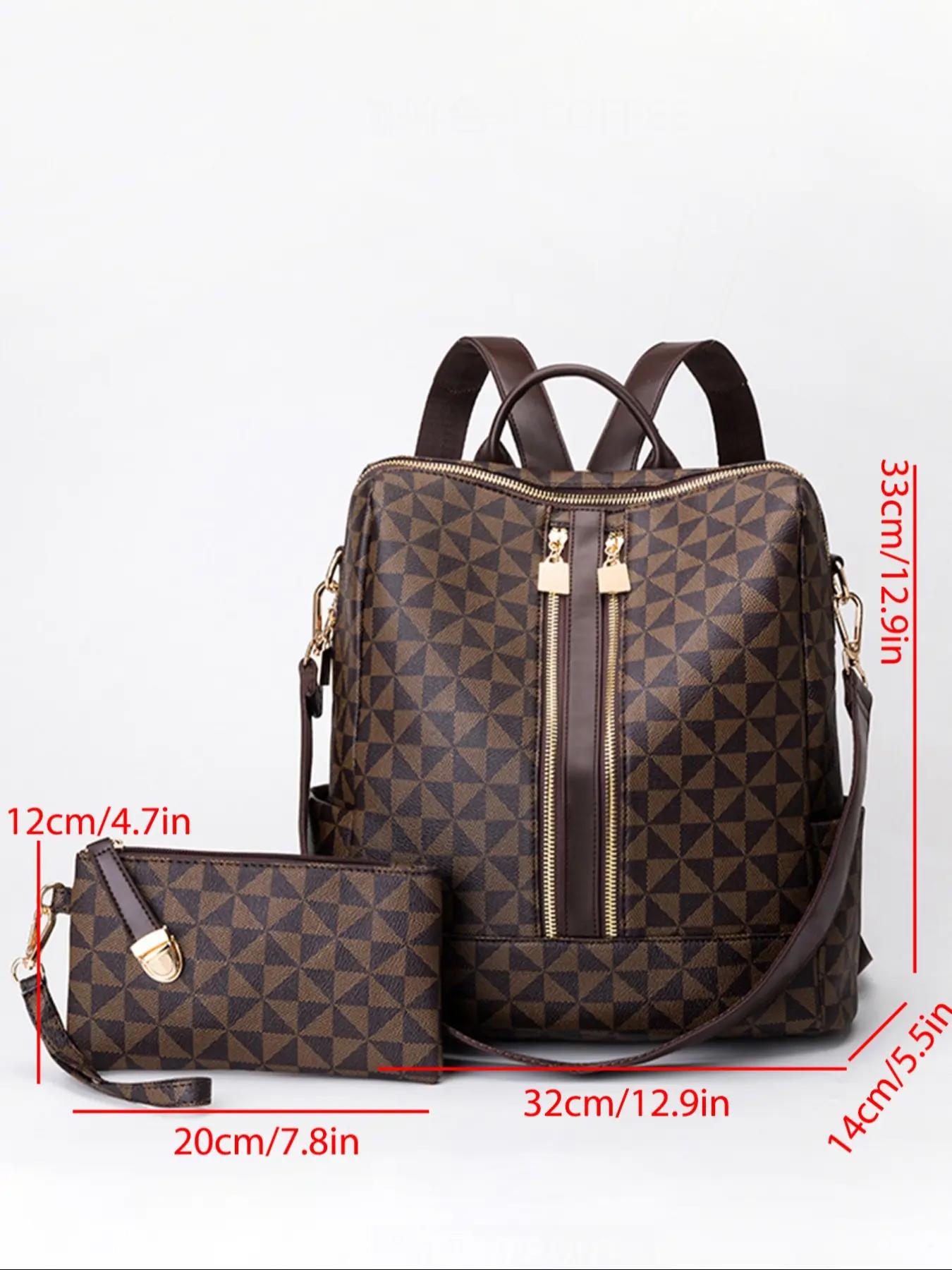 Fashionable Geometric Pattern Backpack & Wristlets Bag, Casual Printed Backpack, Lightweight Casual Daypack, Casual Large Capacity Backpack, Trendy Versatile Travel Durable Backpack for Women