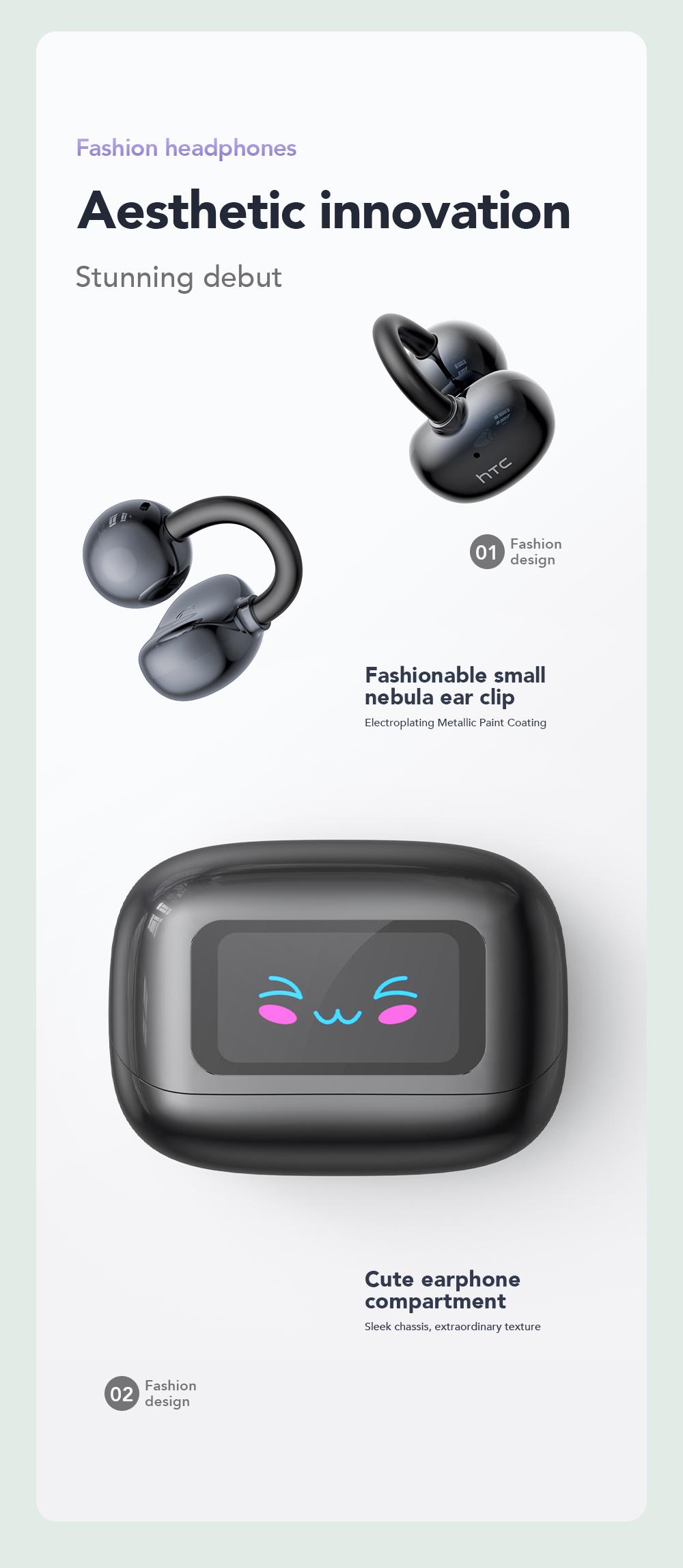 HTC NE54 Clip-On Ear Headphones Bluetooth 6.0 Full Color Touch Screen Wireless Audio Headphones IPX5 Waterproof Sports Headsets Noise Reduction Built-in Microphone for Music & Phone Calls