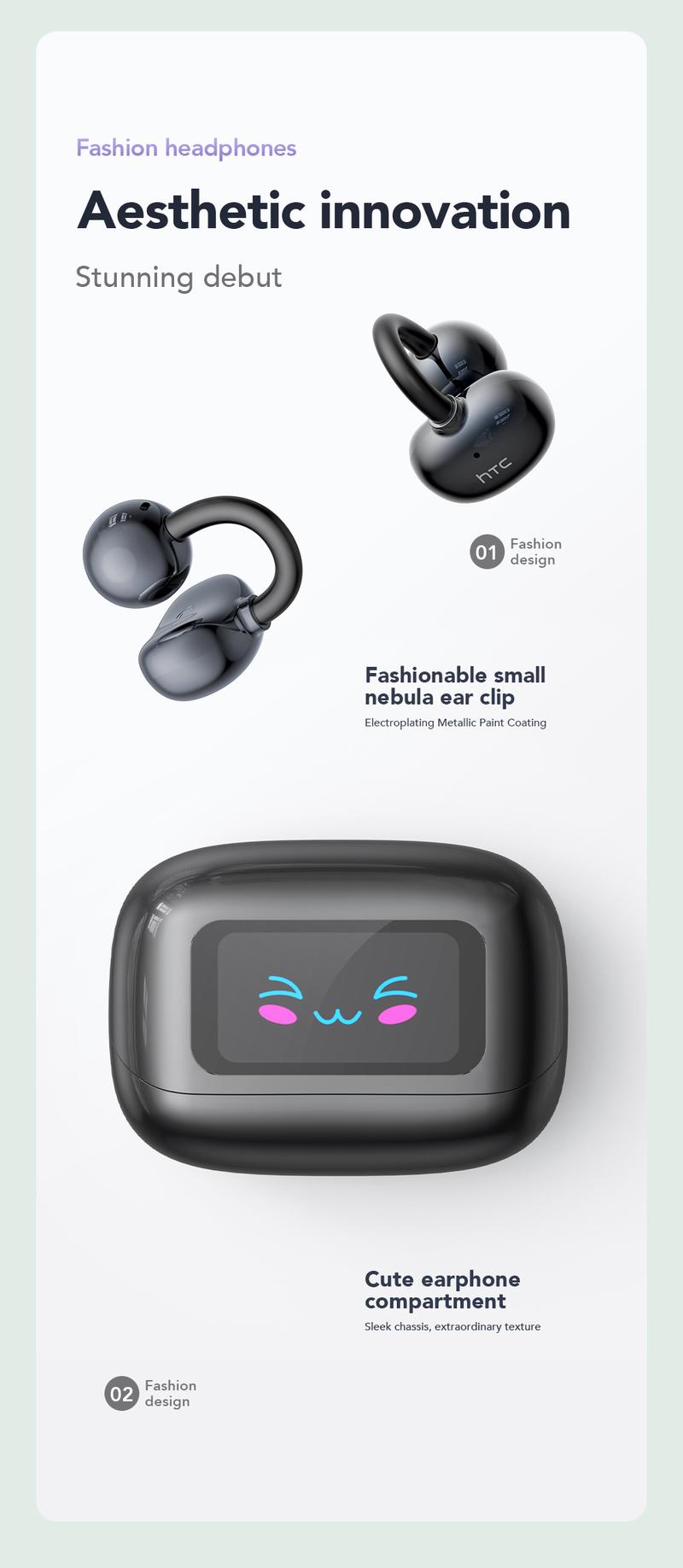 HTC NE54 Clip-On Ear Headphones Bluetooth 6.0 Full Color Touch Screen Wireless Audio Headphones IPX5 Waterproof Sports Headsets Noise Reduction Built-in Microphone for Music & Phone Calls