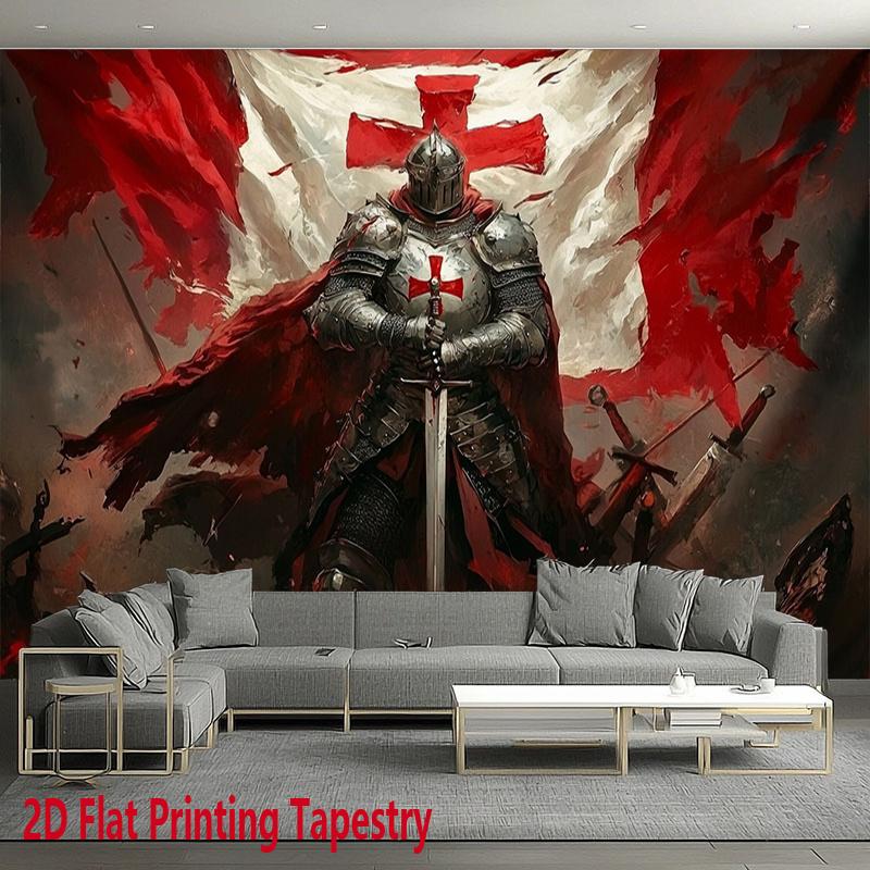 A 2D printed tapestry that is perfect for holiday party decoration. This polyester background fabric showcases medieval knight designs and Crusader patterns, suitable for hanging in various spaces such as homes.