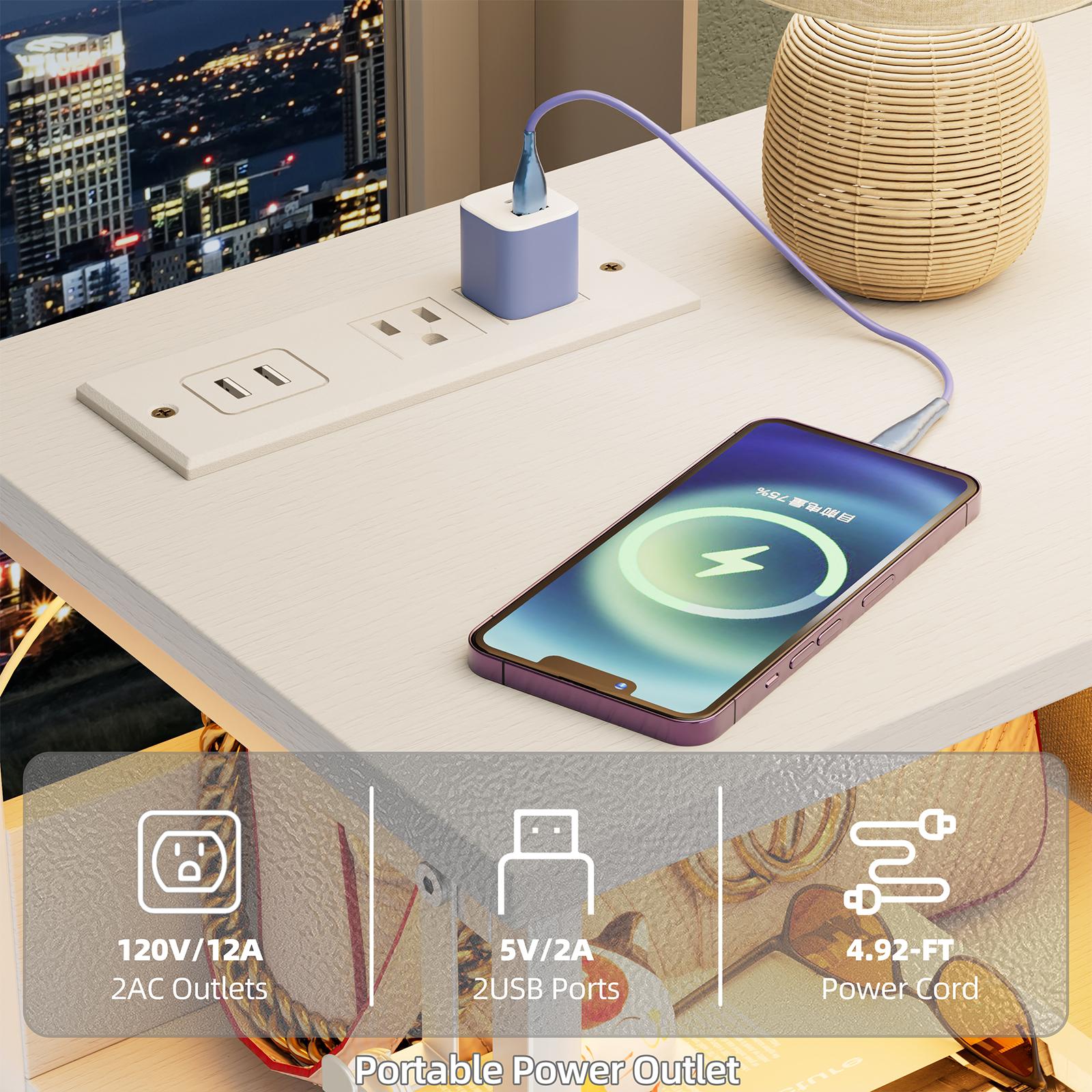 Tall Nightstand with LED Light & Charging Station – Bedside Table with 4 Drawers & 3-Tier Open Shelf, Modern Storage Cabinet with Wood Top & Metal Frame for Bedroom, Living Room, Apartment, 28.3"W x 11.4"D x 31.9"H