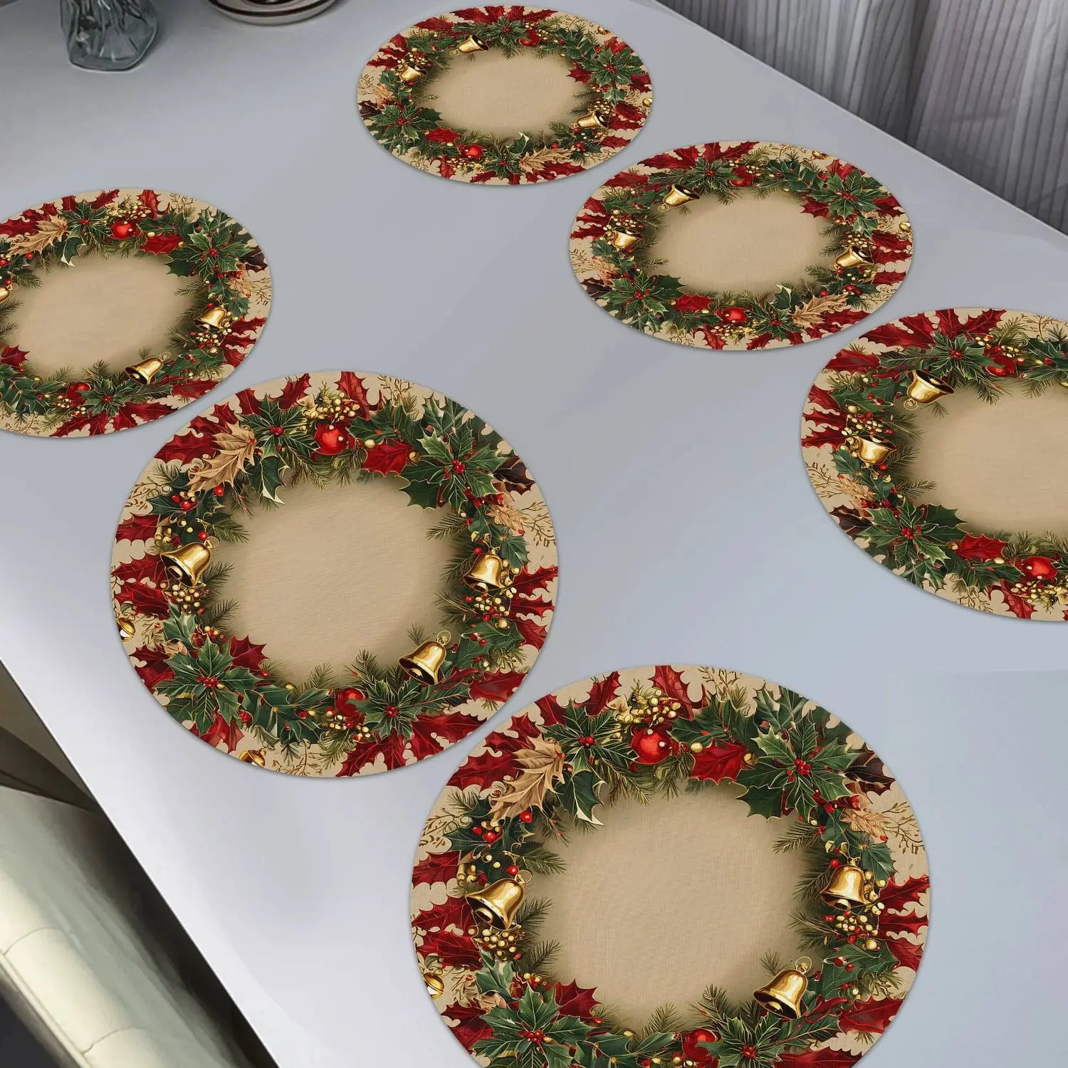 Placemats Set of 6, Christmas Wreath Design, Non-Slip Heat Resistant, Round Cloth Table Mats, Indoor & Outdoor Use, Durable Decorative Placemats