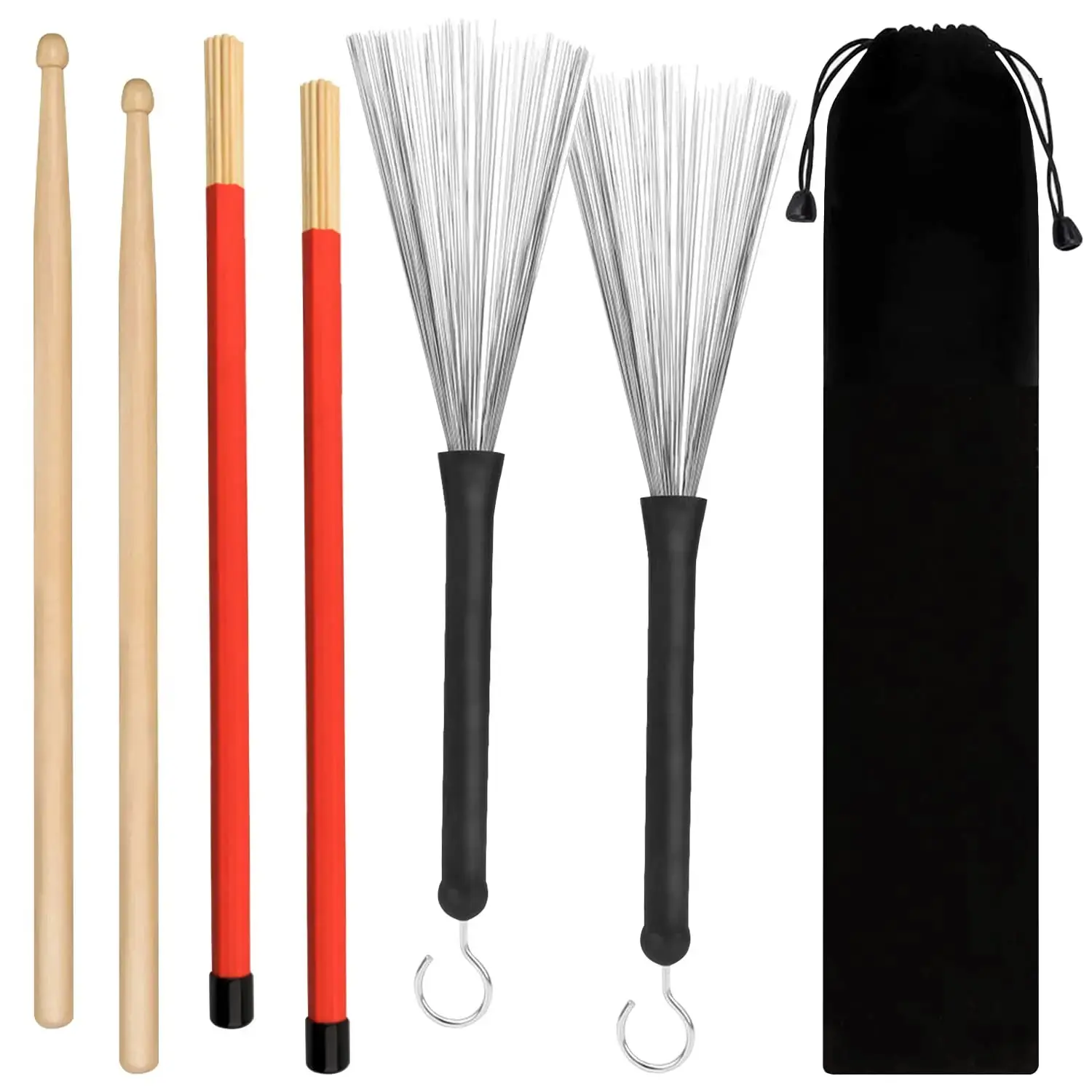 Drum Sticks 1 Pair 5A Maple Wood Drum Sticks, 1 Pair Retractable Drum Wire Brushes and 1 Pair Rods Drum Brushes set for Adults, Rock Band, Jazz Folk Students with Portable Storage Bag