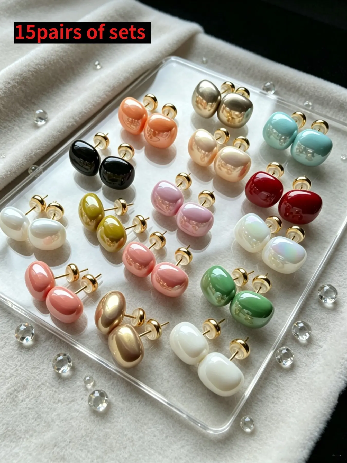 15 Pairs Earrings Gift Set, Candy Color Enamel Bean Stud Earrings, Casual Accessories for Women