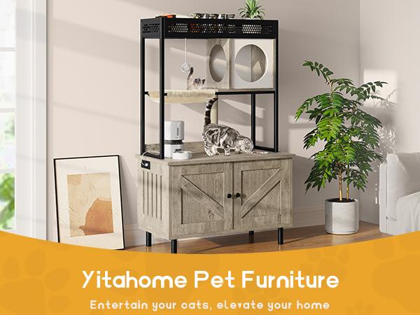 Yitahome Cat Hidden Litter Box Enclosure Furniture with Shelves and Charging Station, Cat Washroom Wooden Cabinet with Cat House Condo, Adjustable Feet, Feeding Station, Scratch Post
