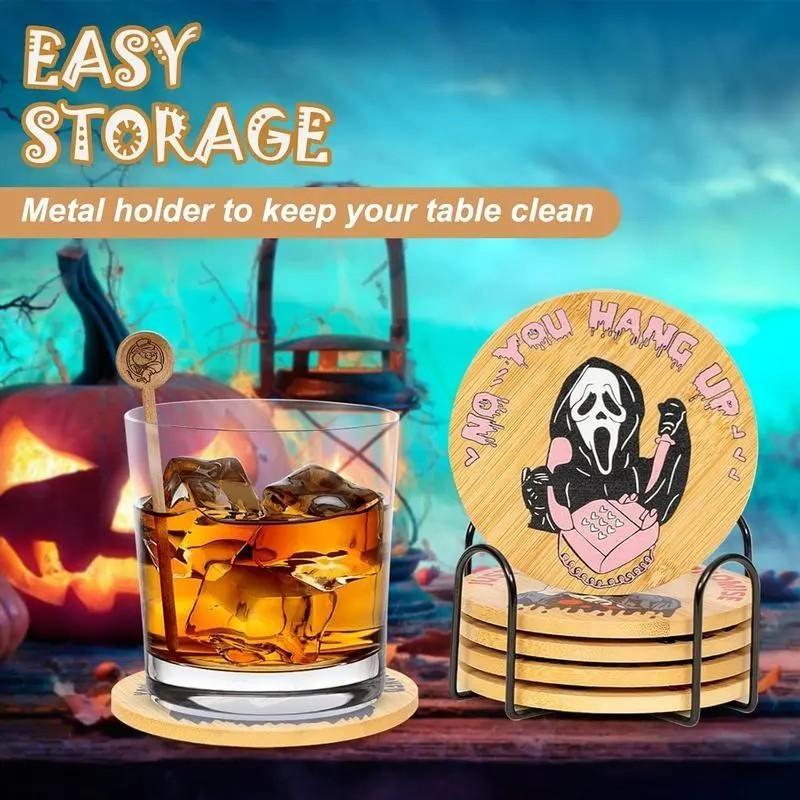 6 Piece Horror Movie Character Coaster Set, Unique Halloween Round Coasters, Wooden Coasters, Party Decoration, Perfect for Coffee Table and Kitchen Display