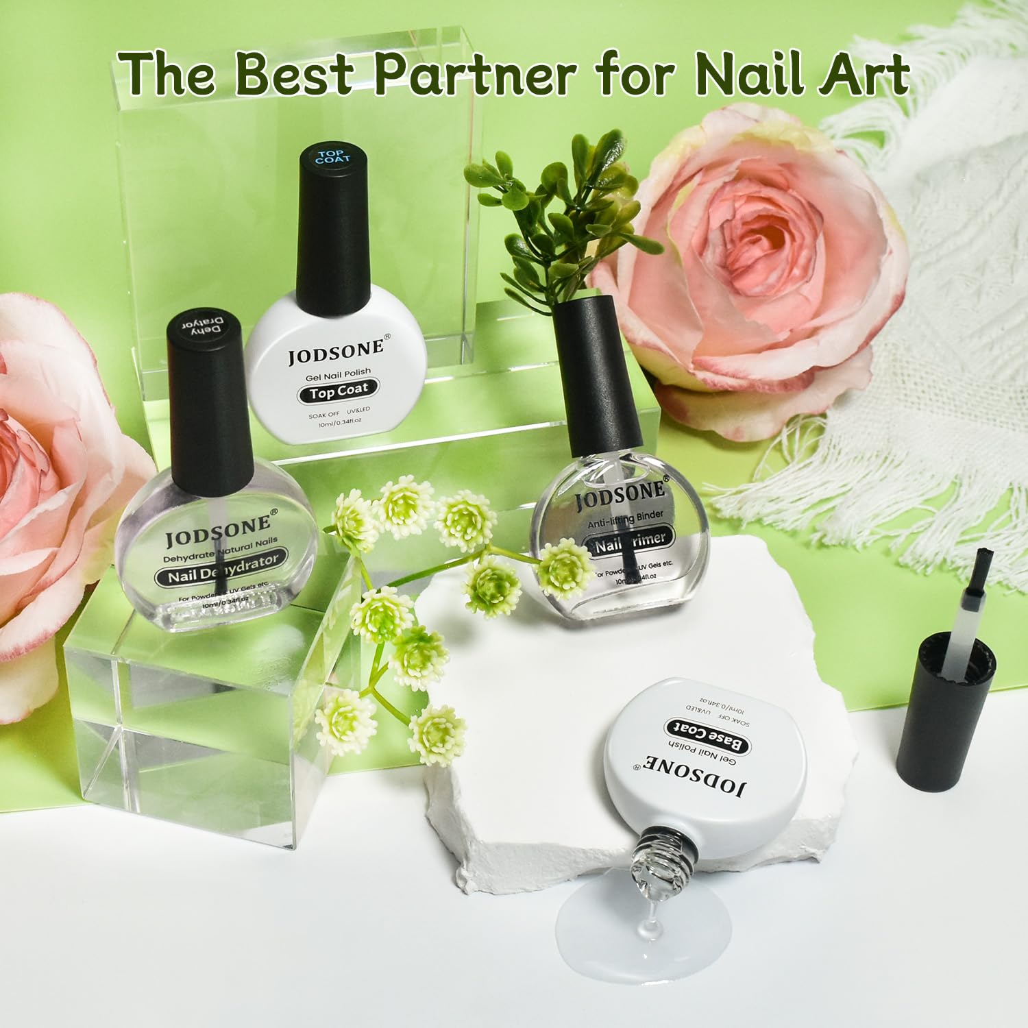 JODSONE 4 Bottle 10ML Nail Primer Base Coat Top Coat Glossy Quick Drying Durable DIY Nail Art Design Long Lasting Gift For Girls, transparent Cosmetic Coverage