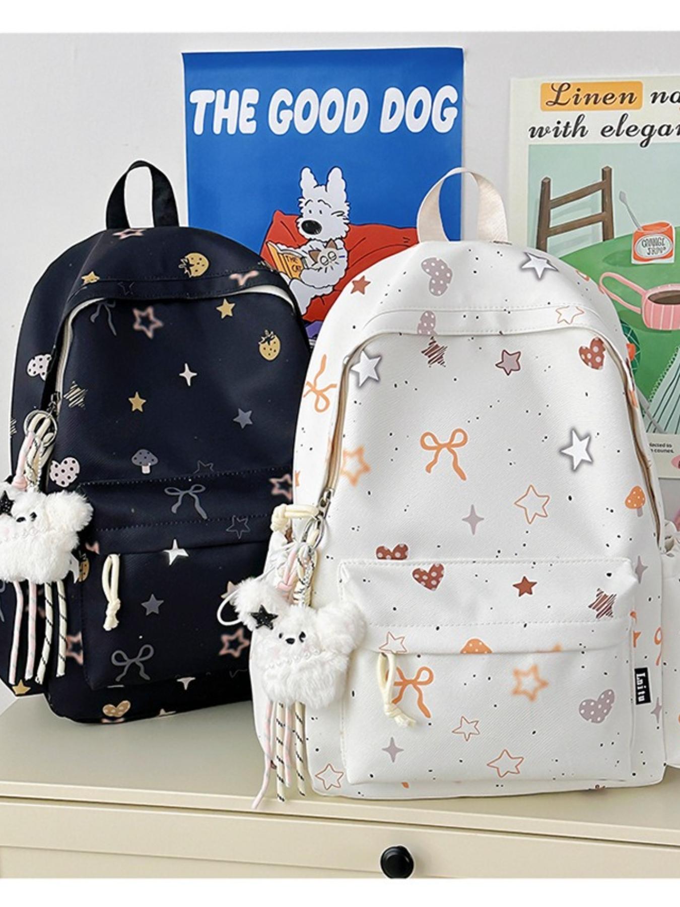 Cute Star Heart Print Backpack for Women, Fresh Casual Large Capacity Student Bag, Lightweight Nylon Travel Backpack