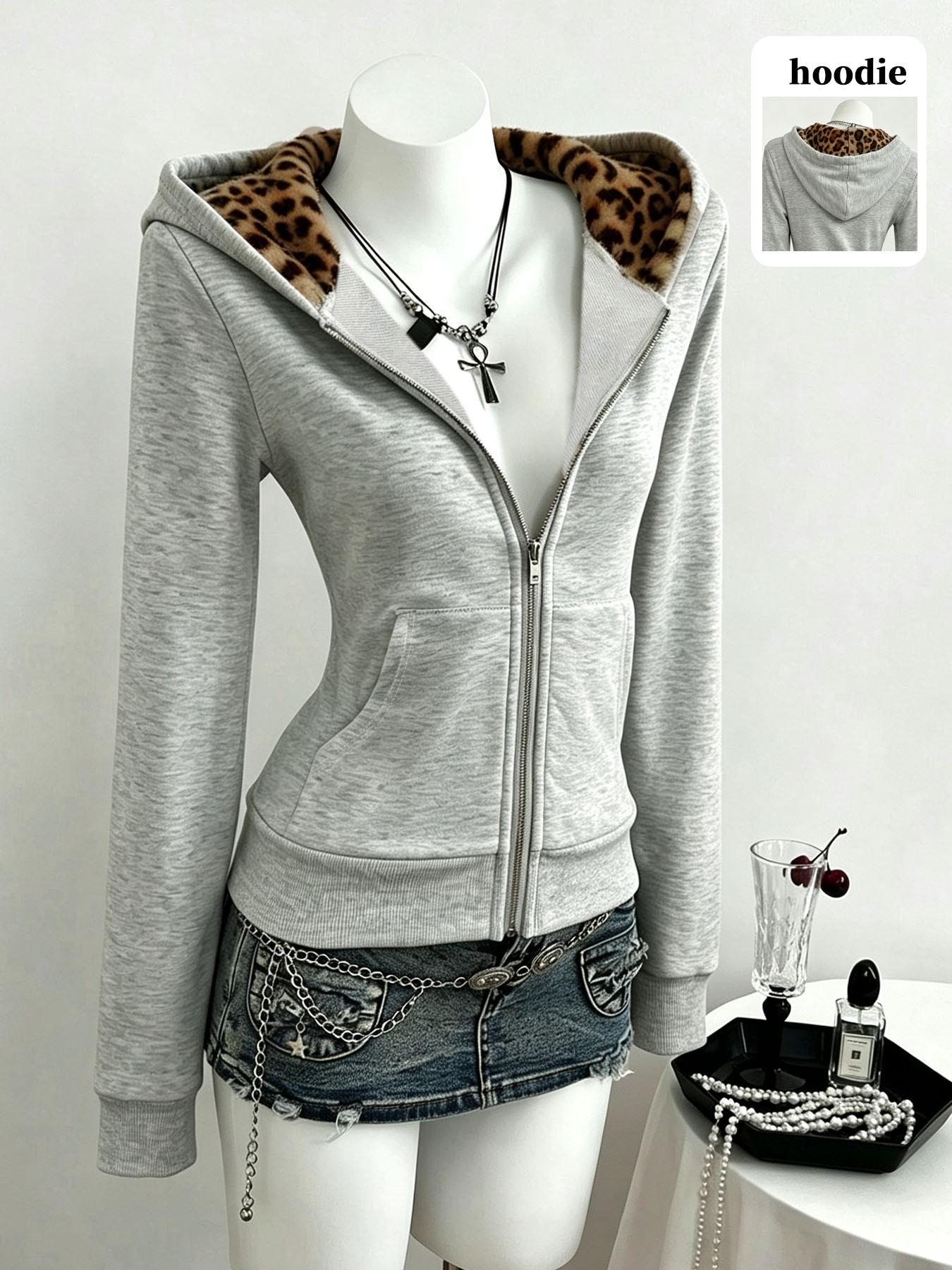 Women's Gray Zip Up Hoodie, Sweatshirts, Slim Waist Long Sleeve Jacket With Leopard Print Lining And Pockets, Y2K Street Style, Ideal For Daily And Hip Hop Outfits