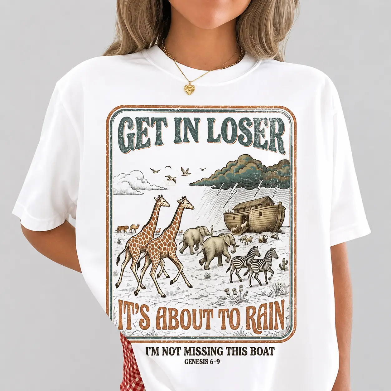 Women's Retro Noah's Ark Animal Graphic Cotton Oversized Tshirt - Soft Loose Fabric Women's Tops, Christian Bible Verse Short Sleeve Regular Fit Everyday Wear T Shirts